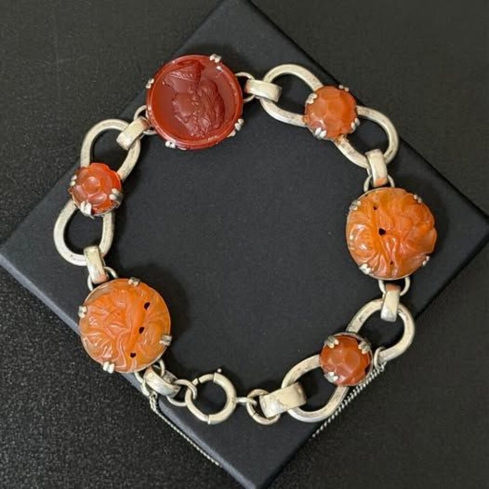Antique Art Deco Sterling Silver Hand Carved Carnelian Bracelet